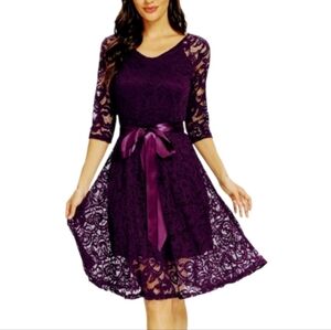 Purple Lace A-Line Cocktail Dress w/ Satin Sash Bow — NWOT (L)